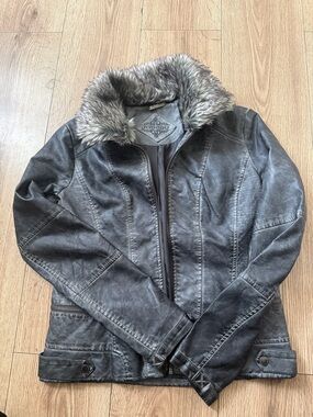 Jou Jou Gray Faux Leather Jacket with Faux Fur Collar